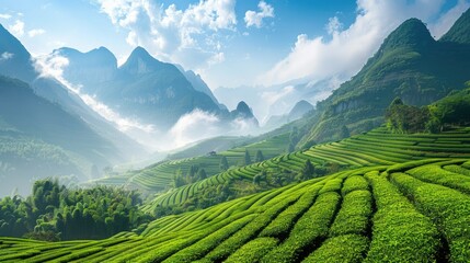 Obraz premium Tea garden landscape in Guangxi Province with green fields and blue sky