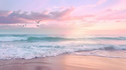 Tranquil Beach Sunrise with Soft Waves and Seagull