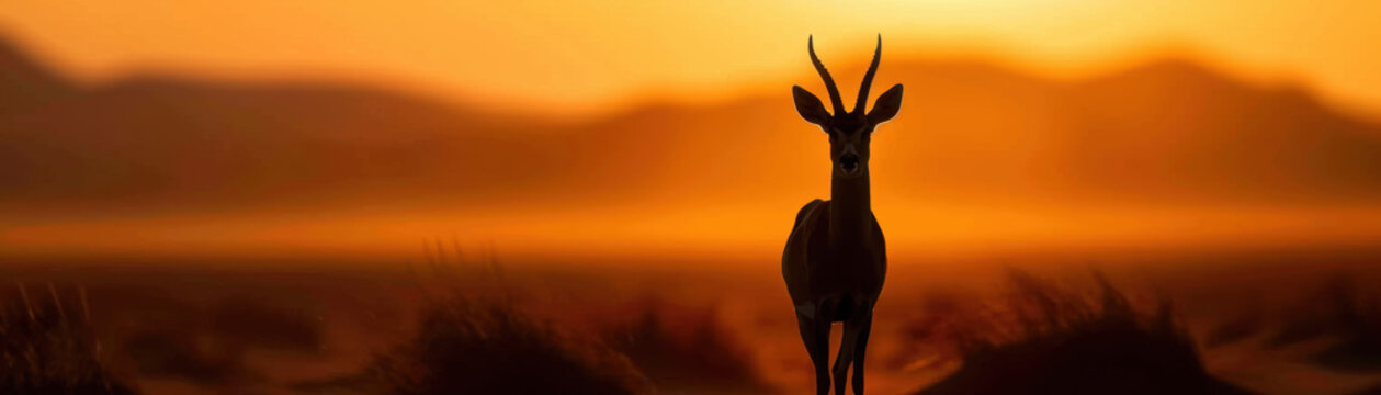 A large antelope stands in the desert at sunset