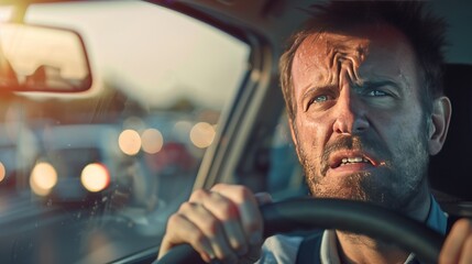 Close-up of a man stuck in a traffic jam, concept of frustration, commuting, urban life, stress