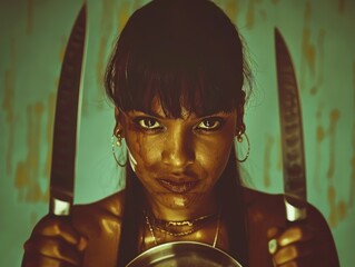 Medium shot of A beautiful young woman in a white apron and chef's hat holding a pan with a sharp knife, themed background, bright tonality, in the style of fashion photography