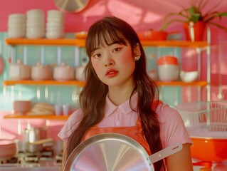 Medium shot of A beautiful young woman in a white apron and chef's hat holding a pan with a sharp knife, themed background, bright tonality, in the style of fashion photography