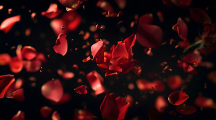 Falling Down Rose Petals on dark black background photo for wedding romance love and Valentines day : Generative AI