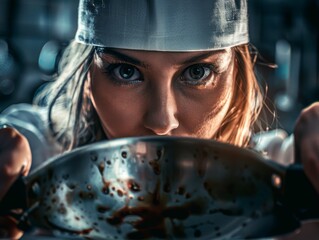 Medium shot of A beautiful young woman in a white apron and chef's hat holding a pan with a sharp knife, themed background, bright tonality, in the style of fashion photography