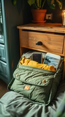 Cozy bedroom corner with a green bag on a chair, containing a yellow blanket and tablet, beside a wooden nightstand with a potted plant.