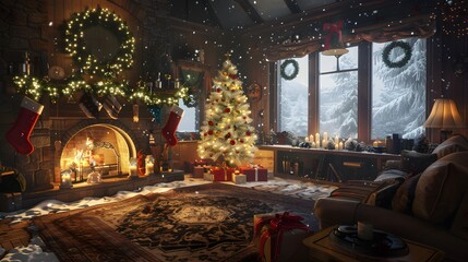 Fototapeta premium Warm Holiday Living Room with Fireplace and Christmas Tree