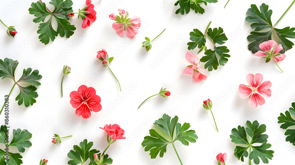 Poster geranium flowers and leaves isolated on white background pelargonium plants collection and banner su
