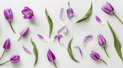 Various buds and petals of purple tulip on light gray background Creative floral composition with tulips Spring blossom concept nature layout greeting card for 8 March mothers Day Vale : Generative AI