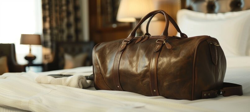 Elegant Luxury Leather Duffle Bag on Hotel Bed for Upscale Travel and Fashion**