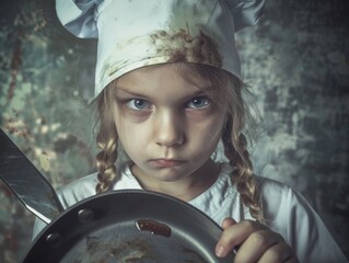 Medium shot of A beautiful young woman in a white apron and chef's hat holding a pan with a sharp knife, themed background, bright tonality, in the style of fashion photography