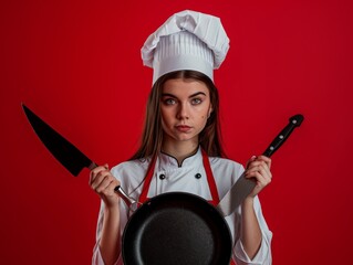 Medium shot of A beautiful young woman in a white apron and chef's hat holding a pan with a sharp knife, themed background, bright tonality, in the style of fashion photography