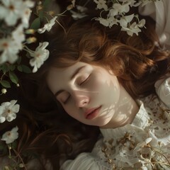 Naklejka premium a woman laying down in a bed surrounded by flowers