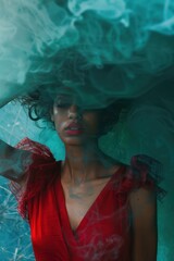 a woman in a red dress with a blue and green background