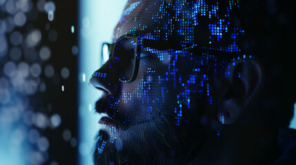 A man wearing glasses, surrounded by floating digital codes and data streams, stares intently, embodying the essence of high-tech and futuristic innovation.