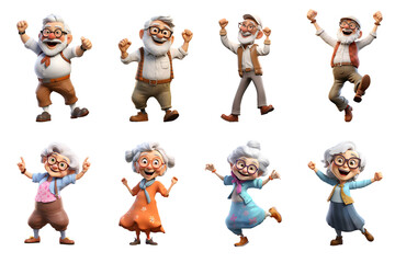 Set of 3D cartoon illustration of happy smile Elderly people old man and old woman dancing and having fun, isolated on white background, png