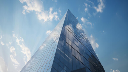 Fototapeta premium A towering glass skyscraper reflects the bright blue sky and clouds, emphasizing its majestic architectural design and grandeur.