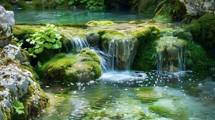 Crystal-clear mountain spring surrounded by moss and green foliage