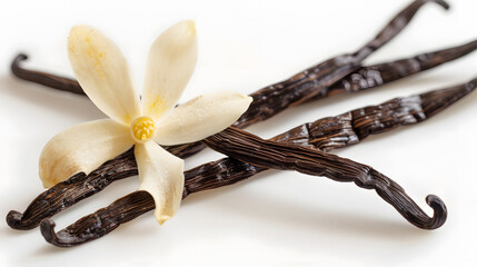 Fototapeta premium Vanilla pods isolated Dried vanilla sticks and vanilla flower on white background Aromatic ingredient for baking : Generative AI