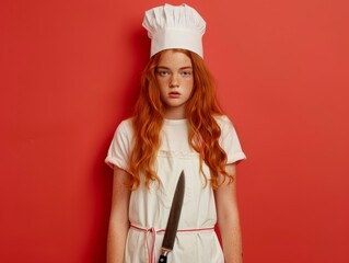 Medium shot of A beautiful young woman in a white apron and chef's hat holding a pan with a sharp knife, themed background, bright tonality, in the style of fashion photography