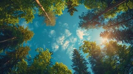 A serene forest landscape promoting nature conservation, featuring lush greenery, tall trees, and clear skies, with ample copy space for text. The design emphasizes professional color balance and