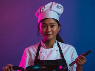 Medium shot of A beautiful young woman in a white apron and chef's hat holding a pan with a sharp knife, themed background, bright tonality, in the style of fashion photography