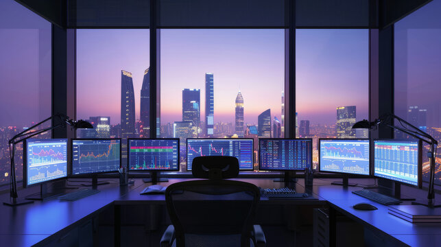 A high-tech trading desk overlooks a city skyline at dusk, with multiple monitors displaying financial data, creating an atmosphere of modern finance and city lights. - Powered by Adobe