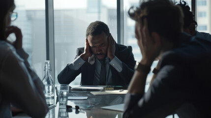 Businessman in a meeting, holding his head in frustration, surrounded by colleagues, indicating stress and tension in a high-rise office.