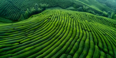 Aerial Perspective of a Verdant Tea Plantation on a Mountain. Concept Landscape Photography, Tea Plantation, Mountain View, Aerial Perspective, Nature Photography