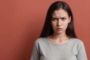 Fototapeta premium Young woman with dissatisfied and angry feeling isolated on a red background with copy space.