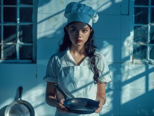 Medium shot of A beautiful young woman in a white apron and chef's hat holding a pan with a sharp knife, themed background, bright tonality, in the style of fashion photography