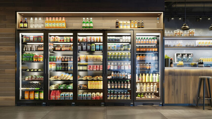 A well-lit store showcases rows of sleek, fully stocked refrigerators with colorful beverages and snacks, creating an inviting and clean shopping environment.