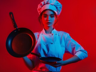 Medium shot of A beautiful young woman in a white apron and chef's hat holding a pan with a sharp knife, themed background, bright tonality, in the style of fashion photography