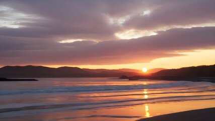 Obraz premium Breathtaking sunset reflecting on ocean waves at tranquil beach, a stunning coastal vista perfect for travel brochures and serene backgrounds