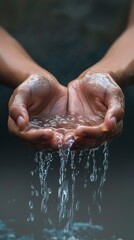 Fototapeta premium Close-up of water flowing through cupped hands, representing freshness, purity, sustainability, natural resources