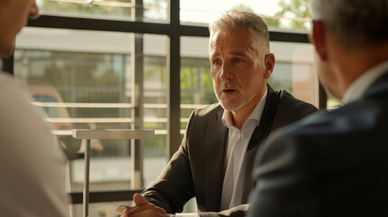 Fototapeta premium A businessman in a suit attentively listens during a serious discussion, capturing the essence of corporate focus and professional intensity in a bright office.