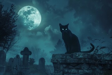 Mystical Black Cat with Glowing Eyes on Stone Wall Under Full Moon in Spooky Foggy Graveyard Scene