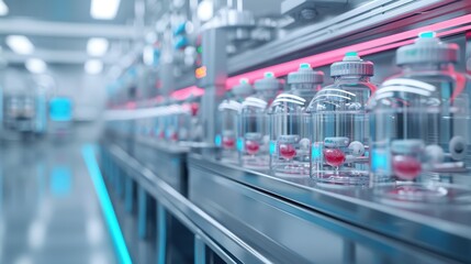 Fototapeta premium Closeup of pharmaceutical production line with glass vials and red capsules, showcasing advanced manufacturing technology in a sterile environment.