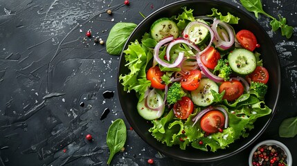 Fresh vegetable salad on black table. Colorful healthy food platter. High contrast image with greens, tomatoes, cucumbers, and onion. Perfect for restaurant menu or food blog visuals. AI