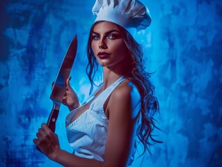 Medium shot of A beautiful young woman in a white apron and chef's hat holding a pan with a sharp knife, themed background, bright tonality, in the style of fashion photography