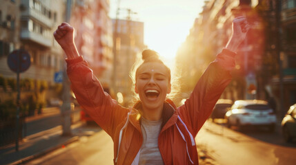 A thrilled woman raises her arms in celebration, standing on bustling city streets with the golden sunlight enhancing her joy.