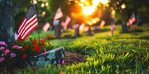 Tombstones with flags pay tribute to fallen soldiers on Memorial Day. Concept Fallen Soldiers, Memorial Day, Tombstones, Flags, Tribute