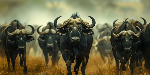 Buffalo herd in natural African habitat part of a safari adventure. Concept African Safari, Buffalo Herd, Natural Habitat, Wildlife Photography