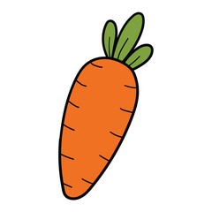 Hand drawn cartoon carrot with green leaves on white background.