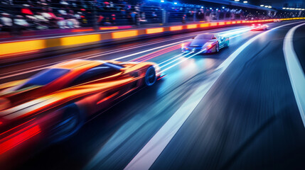 High-speed race cars blur through the track, leaving trails of vibrant lights, capturing the essence of thrilling speed and intense competition on a brightly lit race night.
