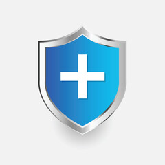 Security shield icon with plus symbol set of four flat design in different colors.