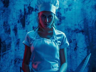 Medium shot of A beautiful young woman in a white apron and chef's hat holding a pan with a sharp knife, themed background, bright tonality, in the style of fashion photography