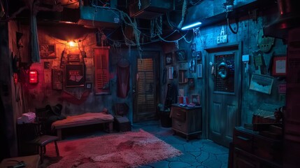Eerie Haunted House Escape Room with Spooky Atmosphere and Clue-Searching Adventure