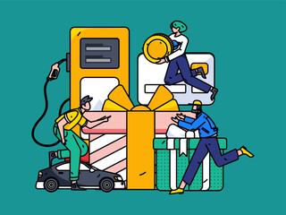 Vector Internet operation hand-drawn illustration of people getting discounts for refueling their cars
