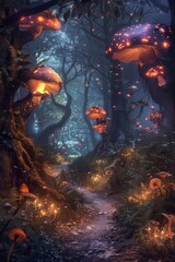 Magical Forest Path with Glowing Mushrooms and Mystical Creatures - Enchanted Fairytale Scene