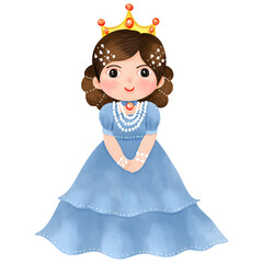 Hand drawn watercolor painting of a princess wearing a blue dress.